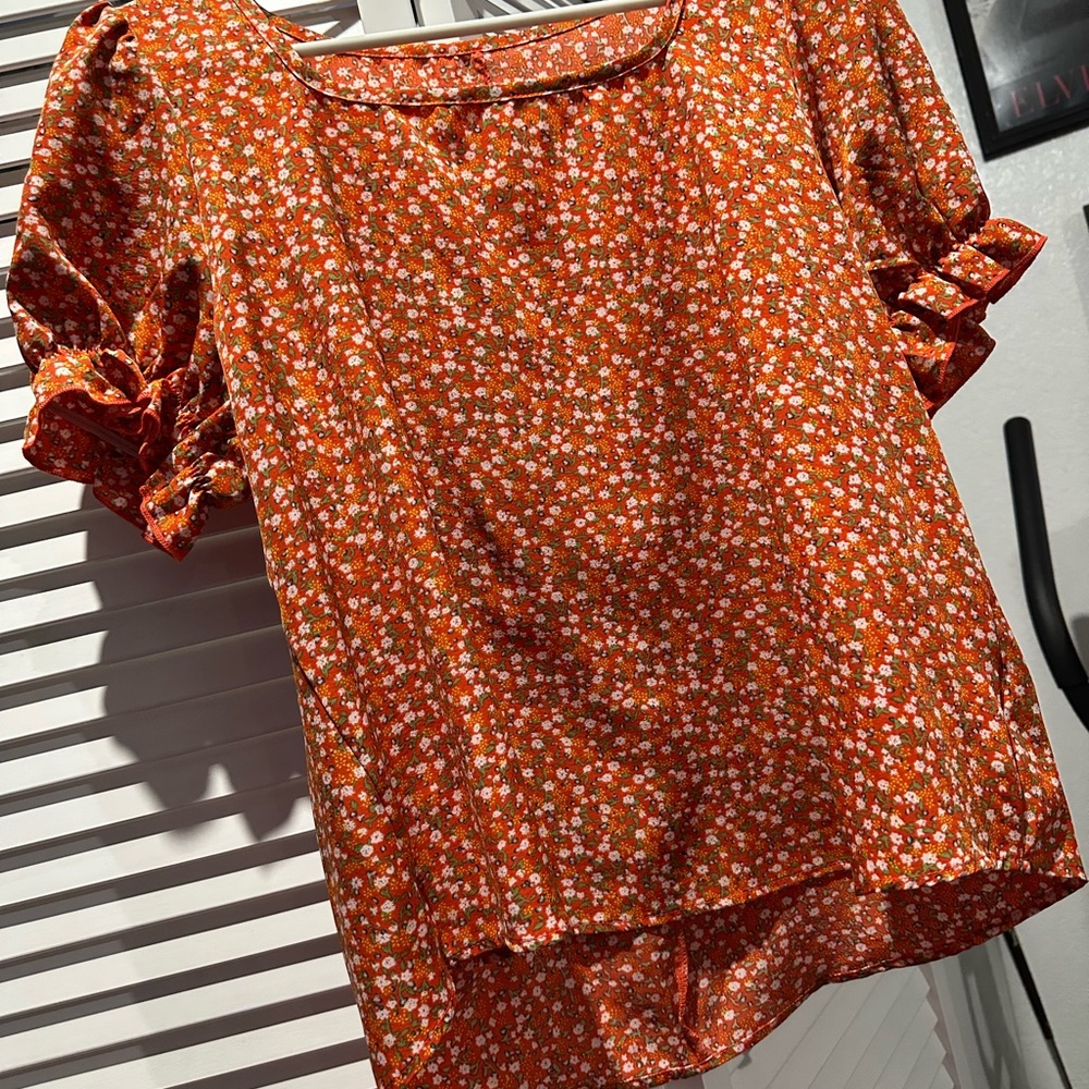 SHEIN Orange Floral Puff-Sleeve Blouse